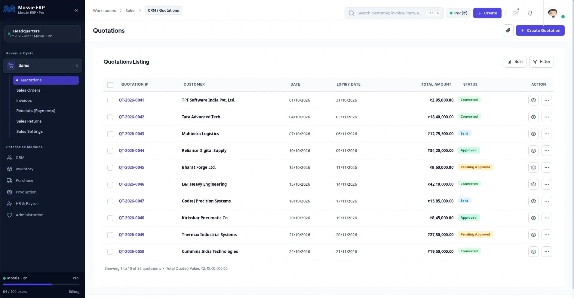 Mossie ERP Sales Quotations & Order Dispatch Preview