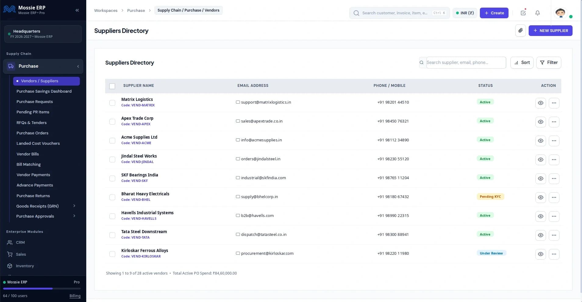 Mossie ERP Purchase & Suppliers Directory Preview
